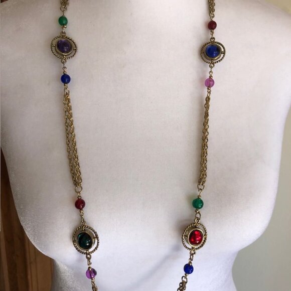 LADY REMINGTON Signed Cabochon Gold Tone Long Necklace 1980's - Picture 6 of 16